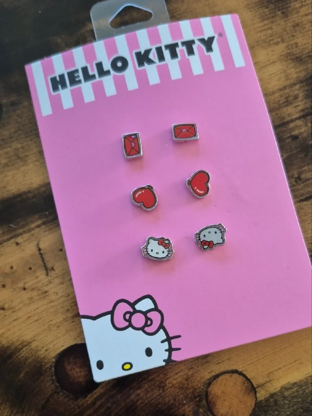 Hello Kitty Pink and Red Enamel Stud Earring Set with White Floral Hair Pins